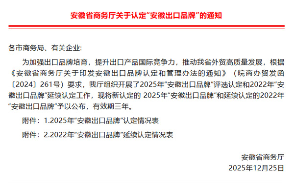 安徽出口品牌認定通知 安徽出口品牌認定通知