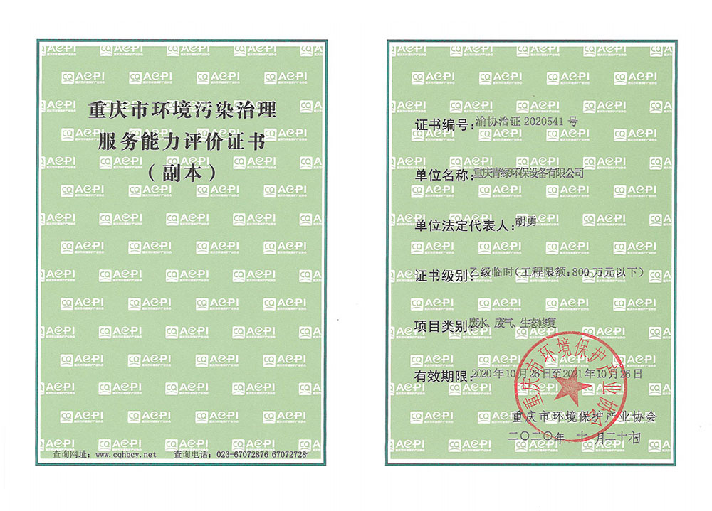 重慶市環(huán)境污染治理能力服務(wù)評價(jià)證書
